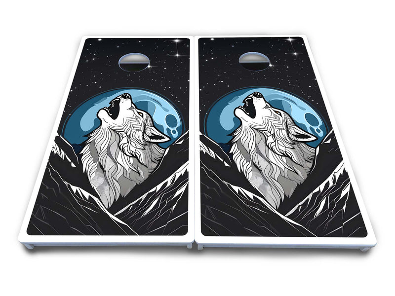 Waterproof - Wolf Howling at Moon - All Weather Boards "Outdoor Solution" 18mm(3/4")Direct UV Printed - Regulation 2' by 4' Cornhole Boards (Set of 2 Boards) Double Thick Legs, with Leg Brace & Dual Support Braces!