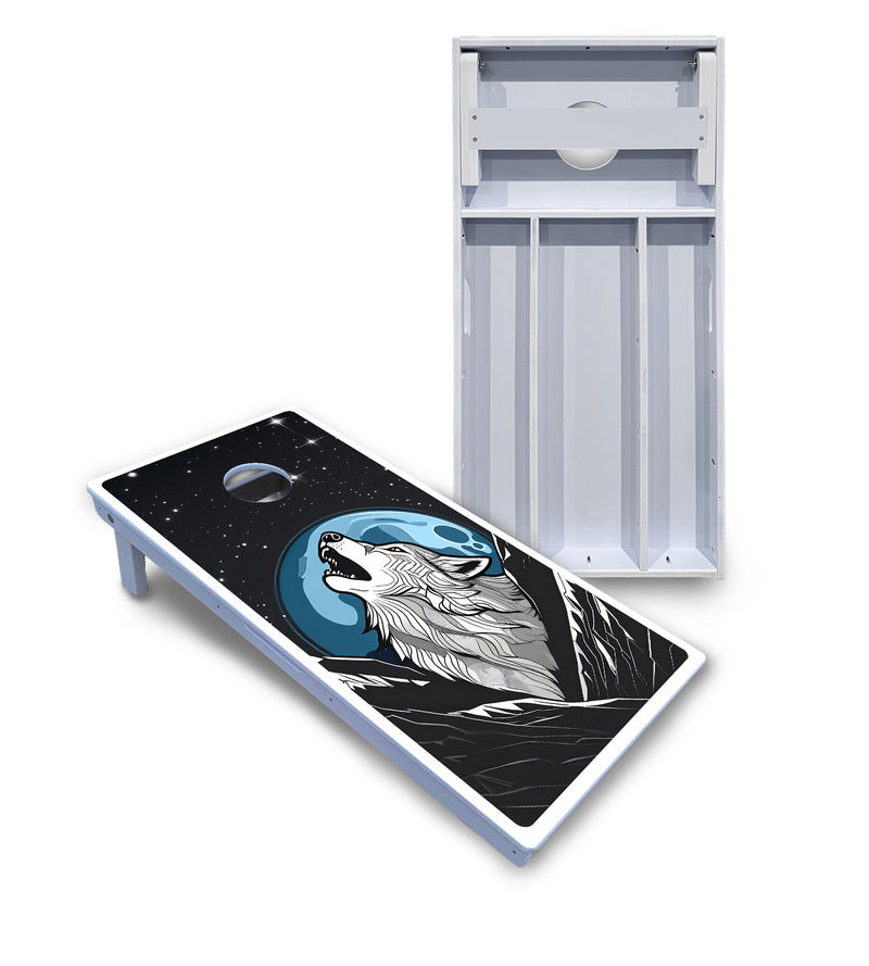 Waterproof - Wolf Howling at Moon - All Weather Boards "Outdoor Solution" 18mm(3/4")Direct UV Printed - Regulation 2' by 4' Cornhole Boards (Set of 2 Boards) Double Thick Legs, with Leg Brace & Dual Support Braces!