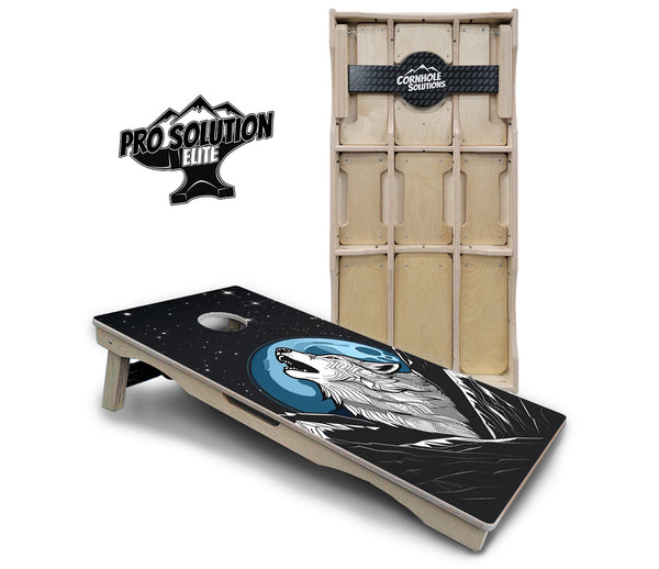 Pro Solution Elite - Wolf Howling - Professional Tournament Cornhole Boards 3/4" Baltic Birch - Zero Bounce Zero Movement Vertical Interlocking Braces for Extra Weight & Stability +Double Thick Legs +Airmail Blocker