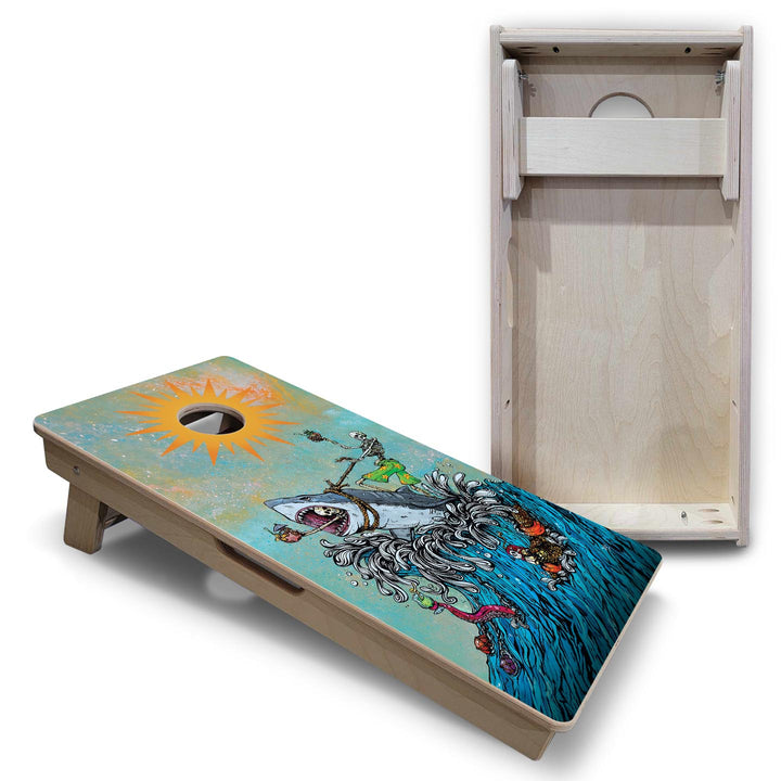 Great White Wave - Vacation Cornhole Board Set (16" x 32") with 8 Mini Bags