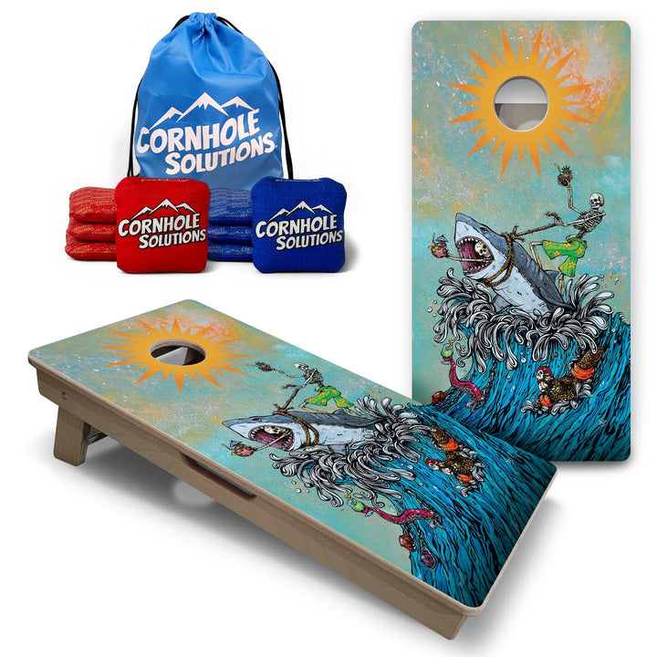 Great White Wave - Vacation Cornhole Board Set (16" x 32") with 8 Mini Bags