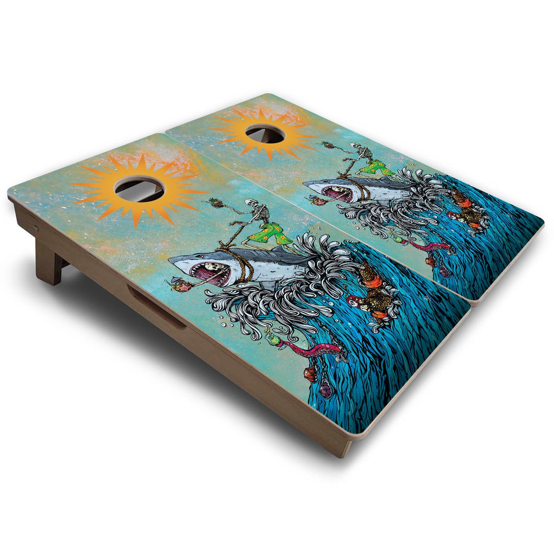 Great White Wave - Vacation Cornhole Board Set (16" x 32") with 8 Mini Bags