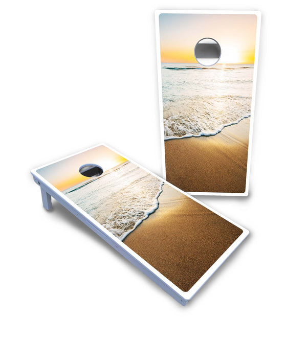 Waterproof - Beach Sunset No Name - All Weather Boards "Outdoor Solution" 18mm(3/4")Direct UV Printed - Regulation 2' by 4' Cornhole Boards (Set of 2 Boards) Double Thick Legs, with Leg Brace & Dual Support Braces!