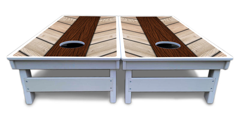 Waterproof - Cream Planks - All Weather Boards "Outdoor Solution" 18mm(3/4")Direct UV Printed - Regulation 2' by 4' Cornhole Boards (Set of 2 Boards) Double Thick Legs, with Leg Brace & Dual Support Braces!