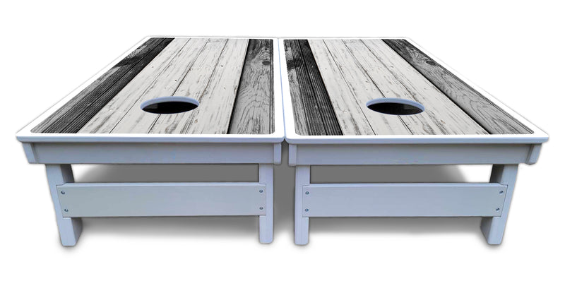 Waterproof - Grey Two Tone Slats - All Weather Boards "Outdoor Solution" 18mm(3/4")Direct UV Printed - Regulation 2' by 4' Cornhole Boards (Set of 2 Boards) Double Thick Legs, with Leg Brace & Dual Support Braces!