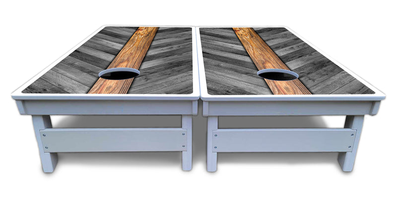 Waterproof - Grey Herringbone - All Weather Boards "Outdoor Solution" 18mm(3/4")Direct UV Printed - Regulation 2' by 4' Cornhole Boards (Set of 2 Boards) Double Thick Legs, with Leg Brace & Dual Support Braces!