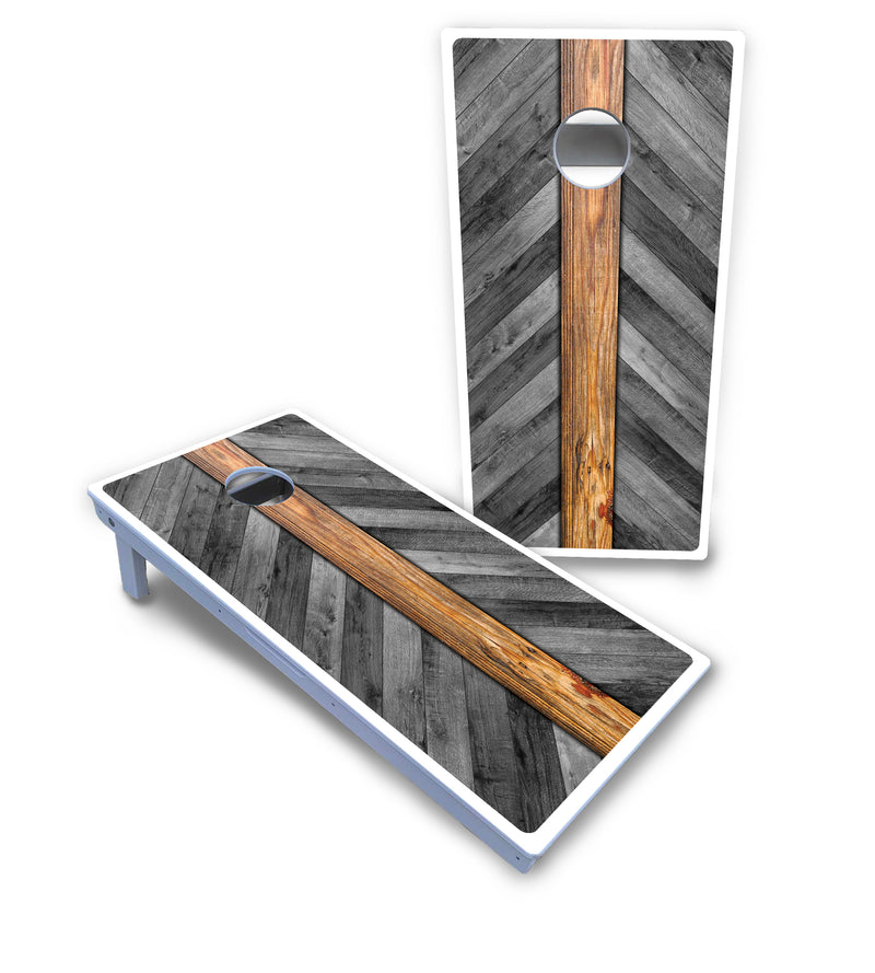 Waterproof - Grey Herringbone - All Weather Boards "Outdoor Solution" 18mm(3/4")Direct UV Printed - Regulation 2' by 4' Cornhole Boards (Set of 2 Boards) Double Thick Legs, with Leg Brace & Dual Support Braces!