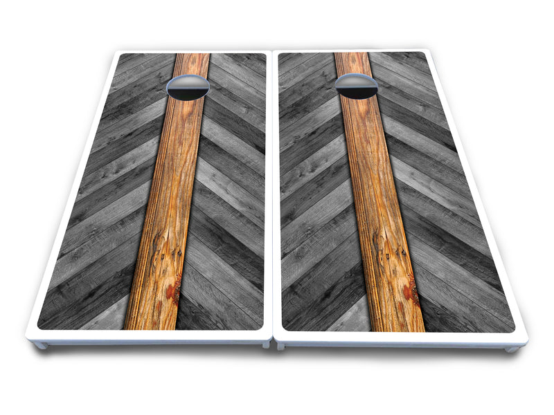 Waterproof - Grey Herringbone - All Weather Boards "Outdoor Solution" 18mm(3/4")Direct UV Printed - Regulation 2' by 4' Cornhole Boards (Set of 2 Boards) Double Thick Legs, with Leg Brace & Dual Support Braces!