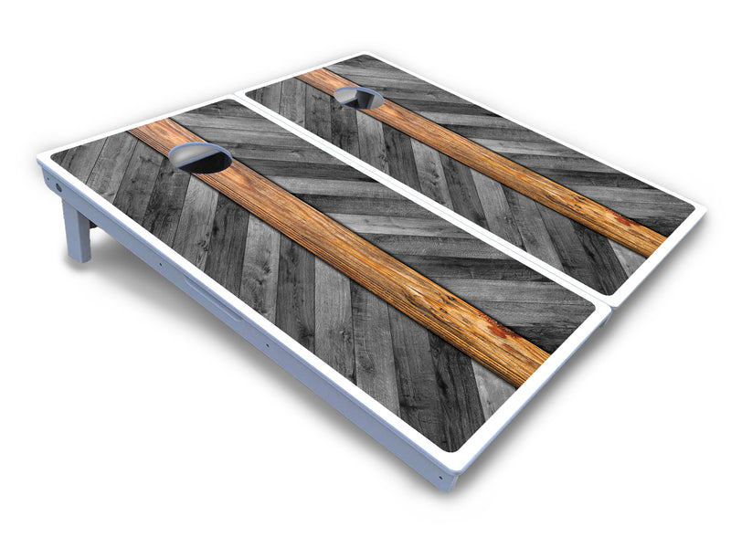 Waterproof - Grey Herringbone - All Weather Boards "Outdoor Solution" 18mm(3/4")Direct UV Printed - Regulation 2' by 4' Cornhole Boards (Set of 2 Boards) Double Thick Legs, with Leg Brace & Dual Support Braces!