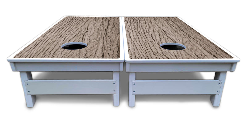 Waterproof - Tan Grey Wood - All Weather Boards "Outdoor Solution" 18mm(3/4")Direct UV Printed - Regulation 2' by 4' Cornhole Boards (Set of 2 Boards) Double Thick Legs, with Leg Brace & Dual Support Braces!