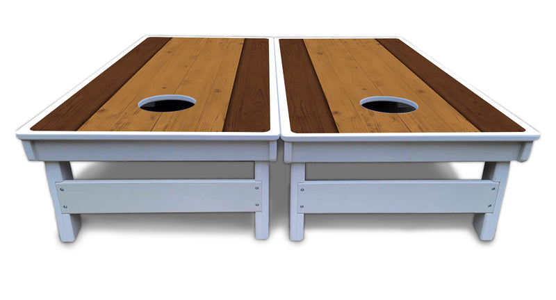 Waterproof - Brown Two Tone Planks - All Weather Boards "Outdoor Solution" 18mm(3/4")Direct UV Printed - Regulation 2' by 4' Cornhole Boards (Set of 2 Boards) Double Thick Legs, with Leg Brace & Dual Support Braces!