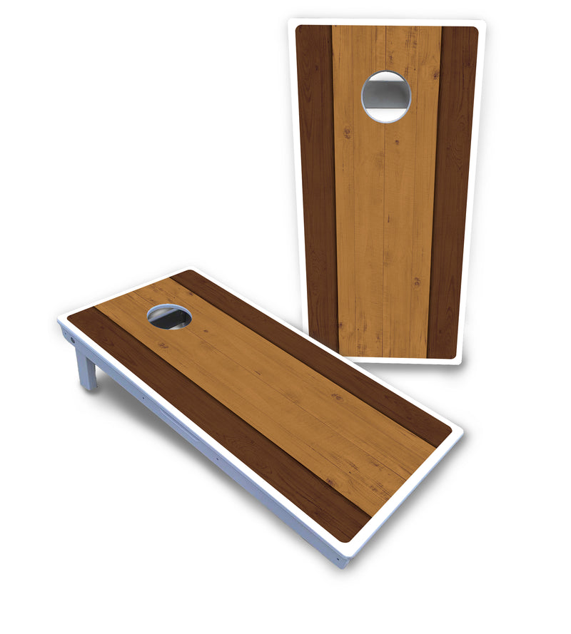 Waterproof - Brown Two Tone Planks - All Weather Boards "Outdoor Solution" 18mm(3/4")Direct UV Printed - Regulation 2' by 4' Cornhole Boards (Set of 2 Boards) Double Thick Legs, with Leg Brace & Dual Support Braces!