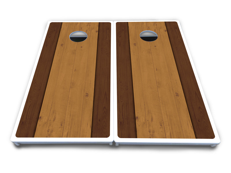 Waterproof - Brown Two Tone Planks - All Weather Boards "Outdoor Solution" 18mm(3/4")Direct UV Printed - Regulation 2' by 4' Cornhole Boards (Set of 2 Boards) Double Thick Legs, with Leg Brace & Dual Support Braces!