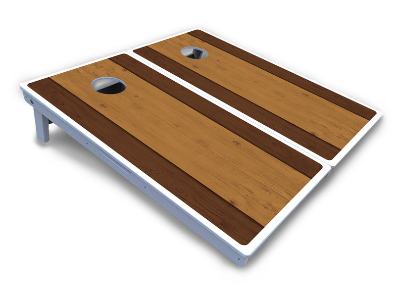 Waterproof - Brown Two Tone Planks - All Weather Boards "Outdoor Solution" 18mm(3/4")Direct UV Printed - Regulation 2' by 4' Cornhole Boards (Set of 2 Boards) Double Thick Legs, with Leg Brace & Dual Support Braces!