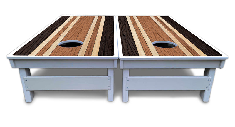 Waterproof - Brown Two Tone Stripes - All Weather Boards "Outdoor Solution" 18mm(3/4")Direct UV Printed - Regulation 2' by 4' Cornhole Boards (Set of 2 Boards) Double Thick Legs, with Leg Brace & Dual Support Braces!