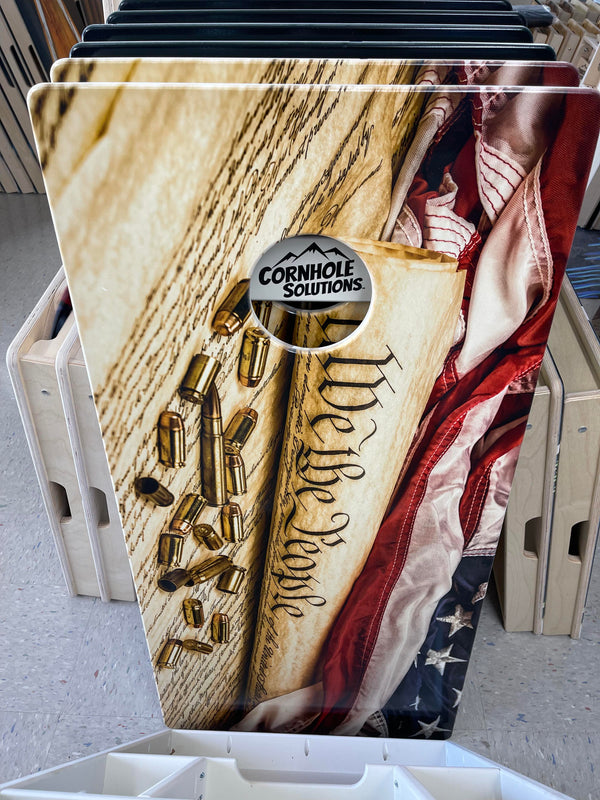 Scratch & Dent - Waterproof - We The People Design - All Weather Boards "Outdoor Solution" 18mm(3/4") Direct UV Printed - Regulation 2' by 4' Cornhole Boards (Set of 2 Boards) Double Thick Legs, with Leg Brace & Dual Support Braces!