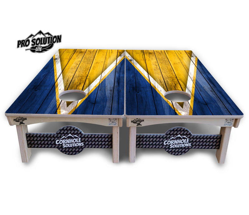 Pro Solution Lite - Yellow & Blue Triangle - Professional Tournament Cornhole Boards 3/4" Baltic Birch - Zero Bounce Zero Movement Vertical Interlocking Braces for Extra Weight & Stability +Double Thick Legs +Airmail Blocker