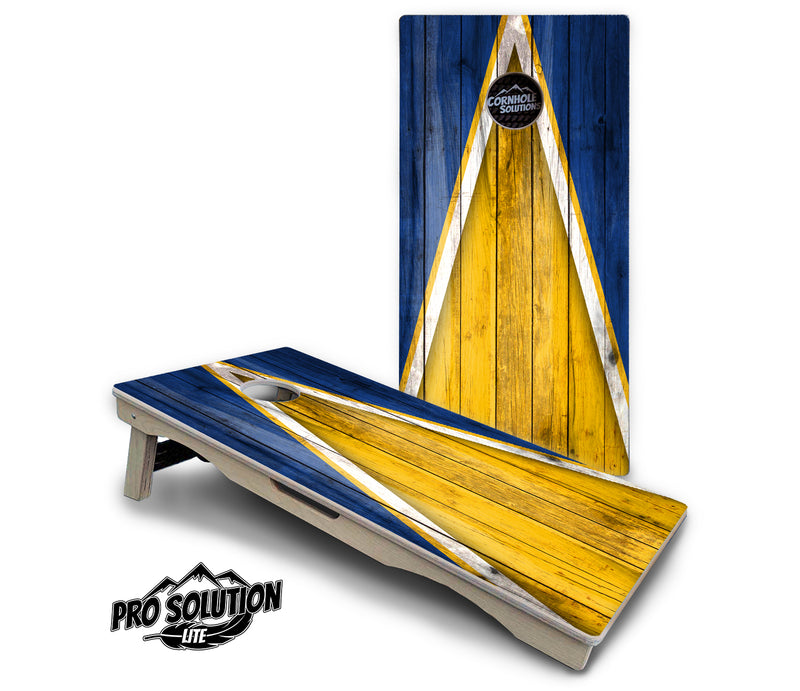 Pro Solution Lite - Yellow & Blue Triangle - Professional Tournament Cornhole Boards 3/4" Baltic Birch - Zero Bounce Zero Movement Vertical Interlocking Braces for Extra Weight & Stability +Double Thick Legs +Airmail Blocker