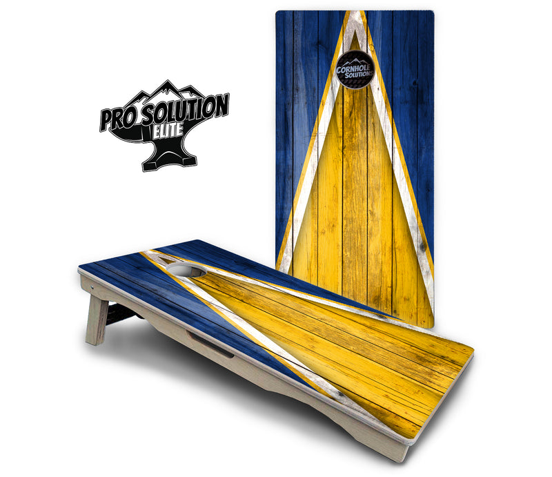 Pro Solution Elite - Yellow/Blue Triangle - Professional Tournament Cornhole Boards 3/4" Baltic Birch - Zero Bounce Zero Movement Vertical Interlocking Braces for Extra Weight & Stability +Double Thick Legs +Airmail Blocker