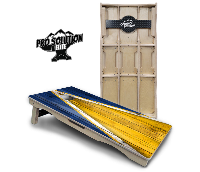 Pro Solution Elite - Yellow/Blue Triangle - Professional Tournament Cornhole Boards 3/4" Baltic Birch - Zero Bounce Zero Movement Vertical Interlocking Braces for Extra Weight & Stability +Double Thick Legs +Airmail Blocker