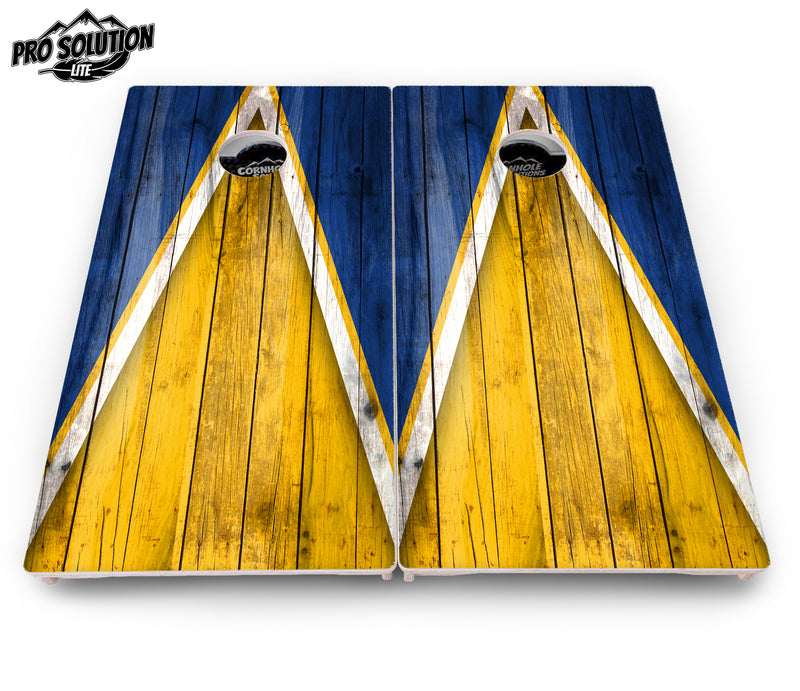 Pro Solution Lite - Yellow & Blue Triangle - Professional Tournament Cornhole Boards 3/4" Baltic Birch - Zero Bounce Zero Movement Vertical Interlocking Braces for Extra Weight & Stability +Double Thick Legs +Airmail Blocker