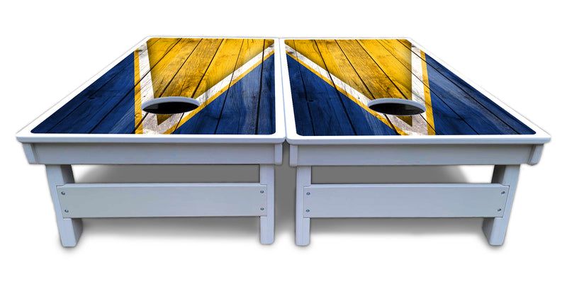 Waterproof - Yellow/Blue Triangle - All Weather Boards "Outdoor Solution" 18mm(3/4")Direct UV Printed - Regulation 2' by 4' Cornhole Boards (Set of 2 Boards) Double Thick Legs, with Leg Brace & Dual Support Braces!