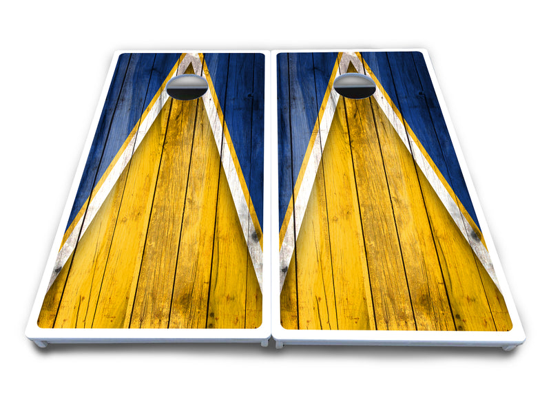 Waterproof - Yellow/Blue Triangle - All Weather Boards "Outdoor Solution" 18mm(3/4")Direct UV Printed - Regulation 2' by 4' Cornhole Boards (Set of 2 Boards) Double Thick Legs, with Leg Brace & Dual Support Braces!