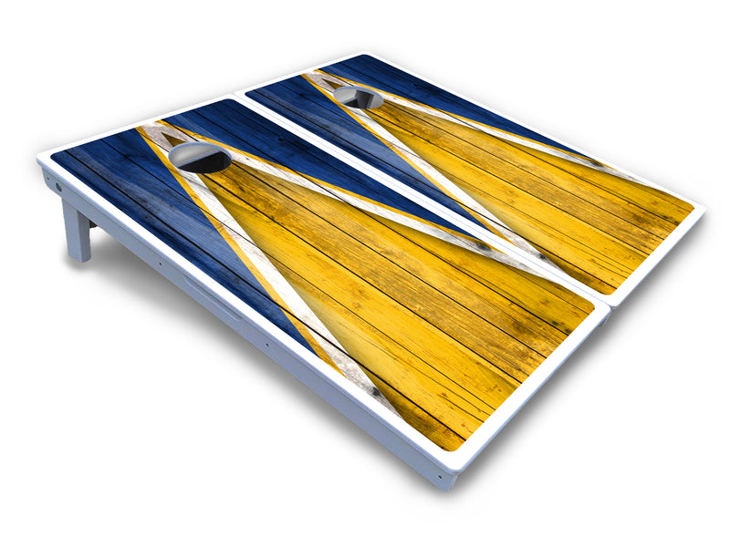 Waterproof - Yellow/Blue Triangle - All Weather Boards "Outdoor Solution" 18mm(3/4")Direct UV Printed - Regulation 2' by 4' Cornhole Boards (Set of 2 Boards) Double Thick Legs, with Leg Brace & Dual Support Braces!