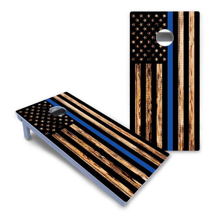 Blue & Red Line Burnt Flag Cornhole Boards - All Weather Series