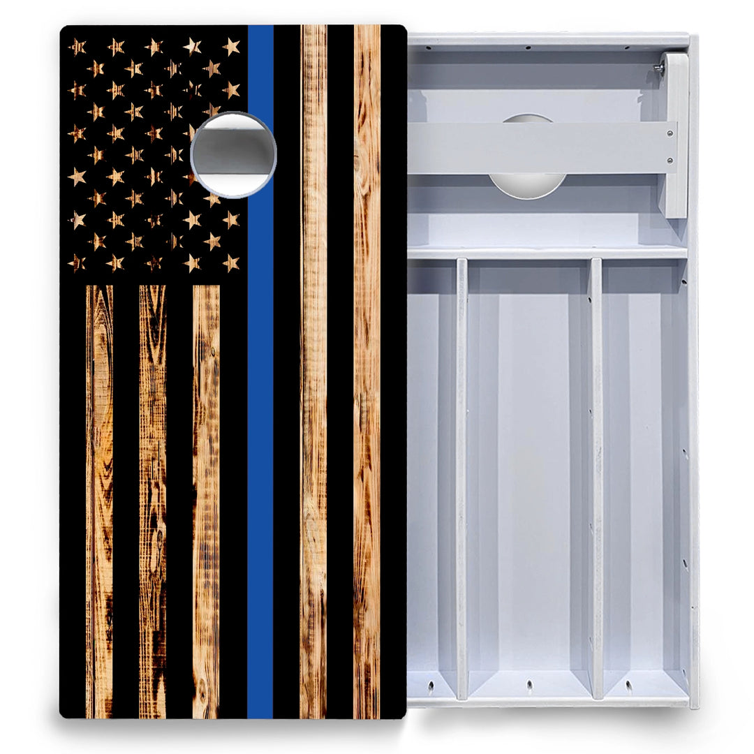 Blue & Red Line Burnt Flag Cornhole Boards - All Weather Series