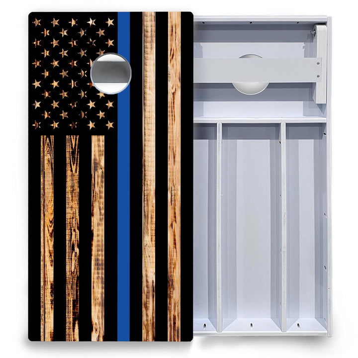 Blue & Red Line Burnt Flag Cornhole Boards - All Weather Series