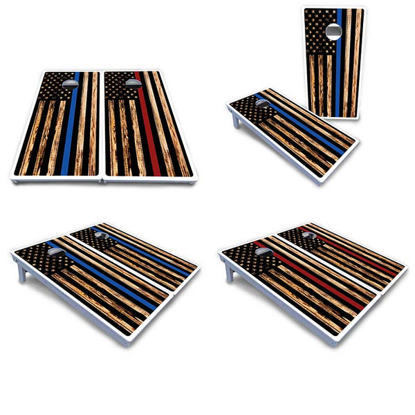 Waterproof - Blue & Red Line Burnt Flag Options - All Weather Boards "Outdoor Solution" 18mm(3/4")Direct UV Printed - Regulation 2' by 4' Cornhole Boards (Set of 2 Boards) Double Thick Legs, with Leg Brace & Dual Support Braces!