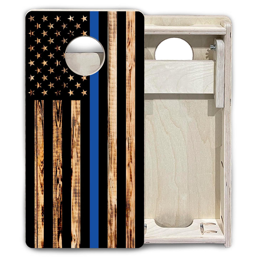 Blue & Red Line Burnt Flag - Mini or Vacation Size Cornhole Boards