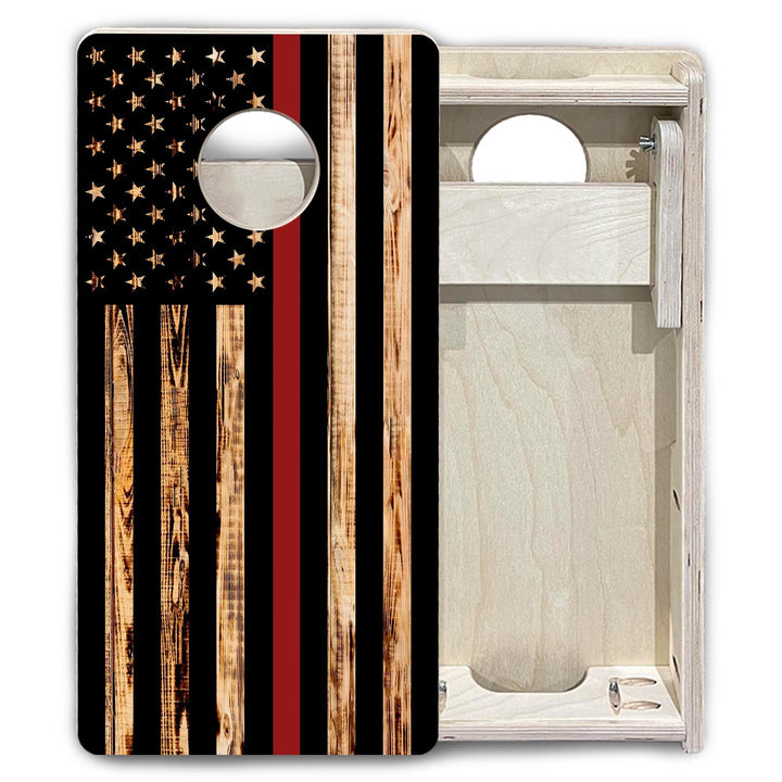 Blue & Red Line Burnt Flag - Mini or Vacation Size Cornhole Boards