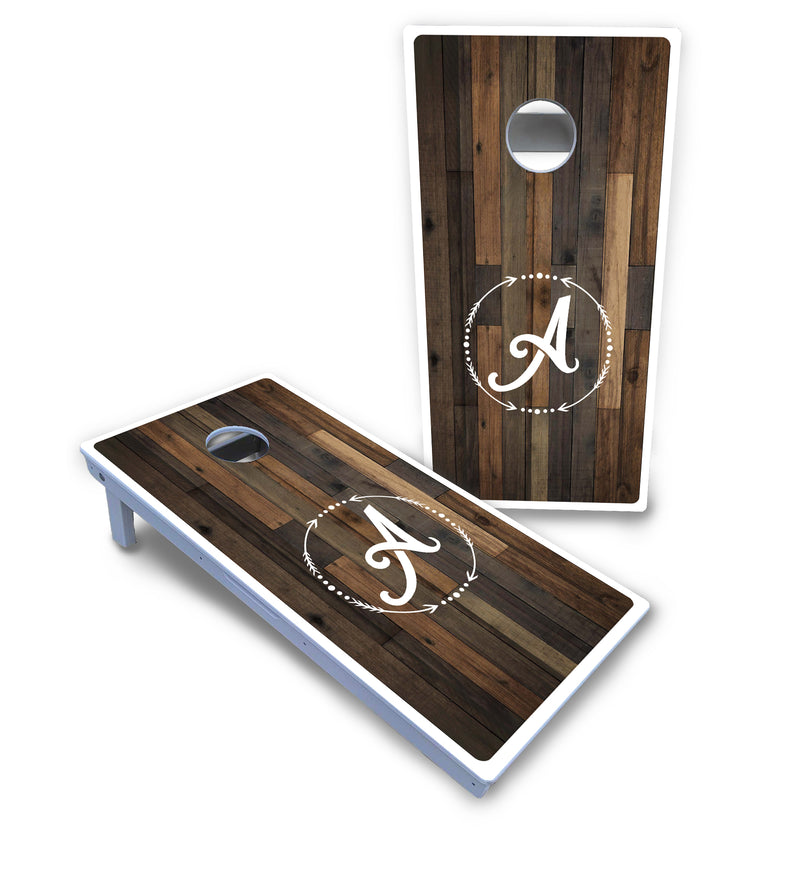 Waterproof - Wood Wreath Letter Design - All Weather Boards "Outdoor Solution" 18mm(3/4")Direct UV Printed - Regulation 2' by 4' Cornhole Boards (Set of 2 Boards) Double Thick Legs, with Leg Brace & Dual Support Braces!