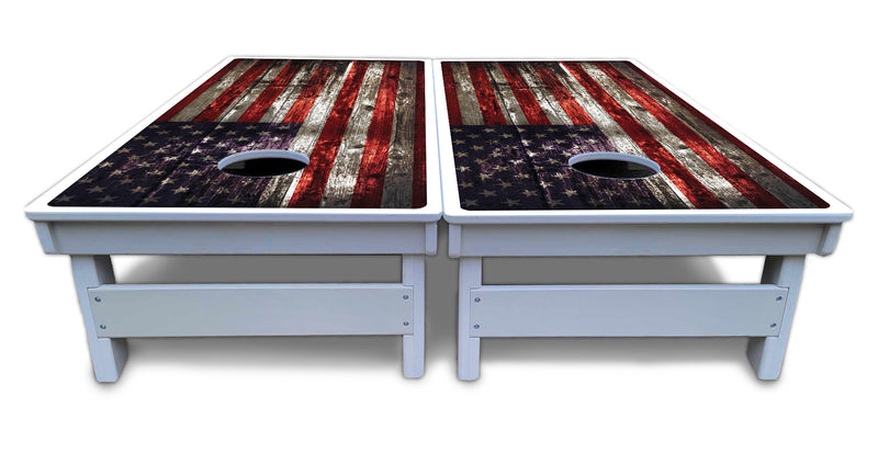 Waterproof - Distressed Flag Design - All Weather Boards "Outdoor Solution" 18mm(3/4")Direct UV Printed - Regulation 2' by 4' Cornhole Boards (Set of 2 Boards) Double Thick Legs, with Leg Brace & Dual Support Braces!