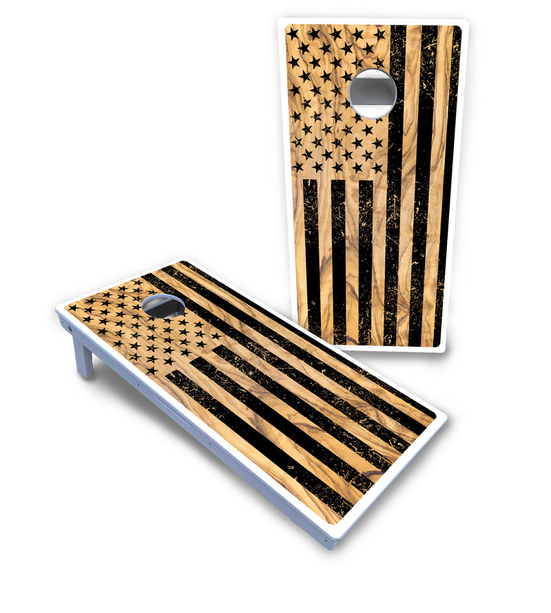 Waterproof - Light Wood Flag Design Options - All Weather Boards "Outdoor Solution" 18mm(3/4")Direct UV Printed - Regulation 2' by 4' Cornhole Boards (Set of 2 Boards) Double Thick Legs, with Leg Brace & Dual Support Braces!