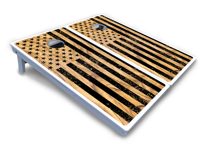 Waterproof - Light Wood Flag Design Options - All Weather Boards "Outdoor Solution" 18mm(3/4")Direct UV Printed - Regulation 2' by 4' Cornhole Boards (Set of 2 Boards) Double Thick Legs, with Leg Brace & Dual Support Braces!