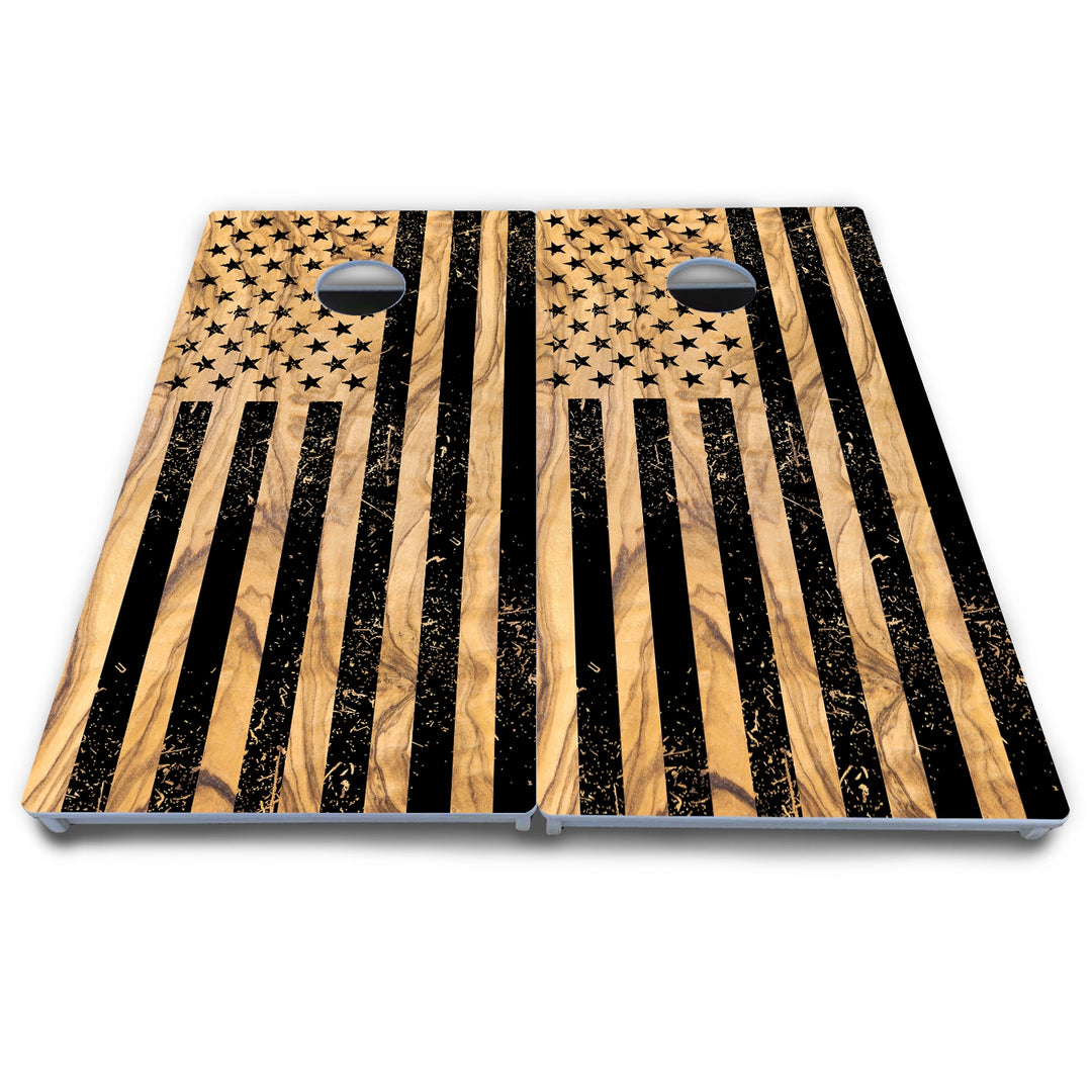 Black Woodgrain Flag Cornhole Boards - All Weather Series