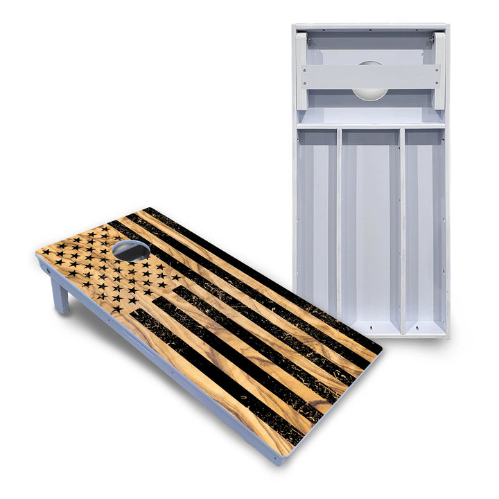 Black Woodgrain Flag Cornhole Boards - All Weather Series