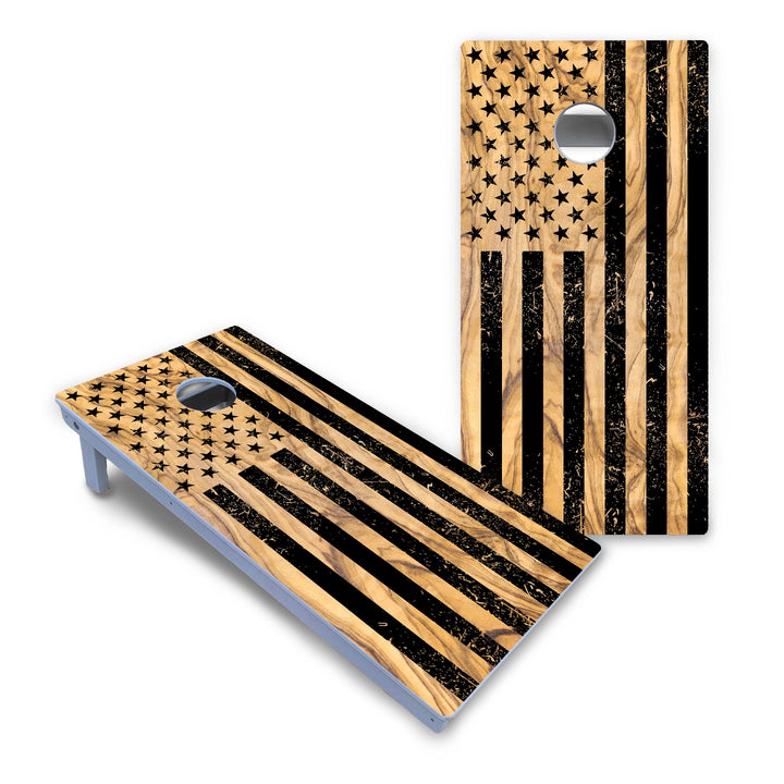 Black Woodgrain Flag Cornhole Boards - All Weather Series