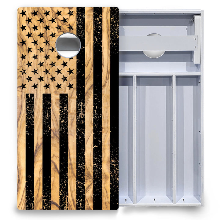 Black Woodgrain Flag Cornhole Boards - All Weather Series