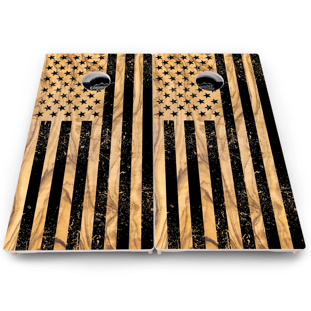 Black Woodgrain Flag Cornhole Boards – Pro Lite or Pro Elite