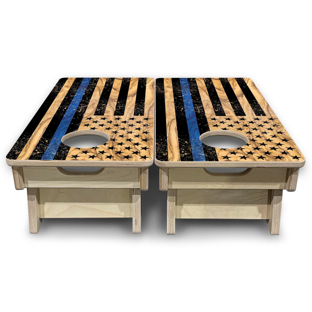 Light Wood Blue Line Flag - Mini or Vacation Size Cornhole Boards