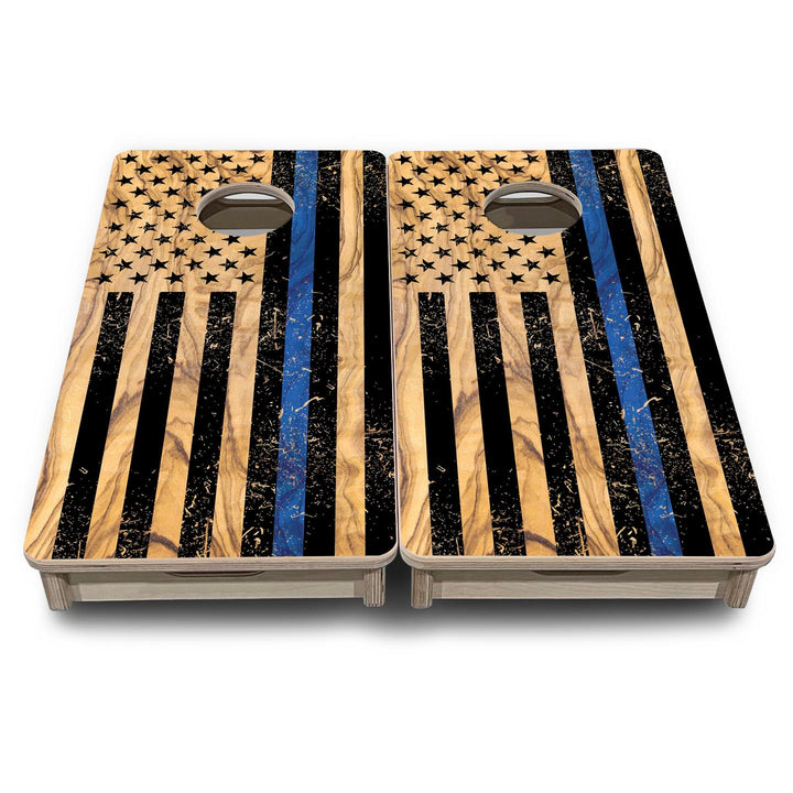 Light Wood Blue Line Flag - Mini or Vacation Size Cornhole Boards