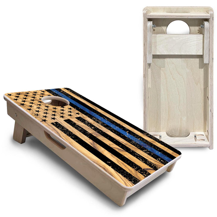 Light Wood Blue Line Flag - Mini or Vacation Size Cornhole Boards