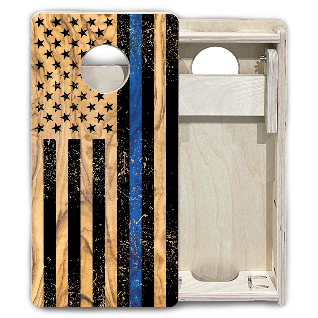 Light Wood Blue Line Flag - Mini or Vacation Size Cornhole Boards