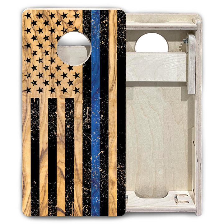 Light Wood Blue Line Flag - Mini or Vacation Size Cornhole Boards