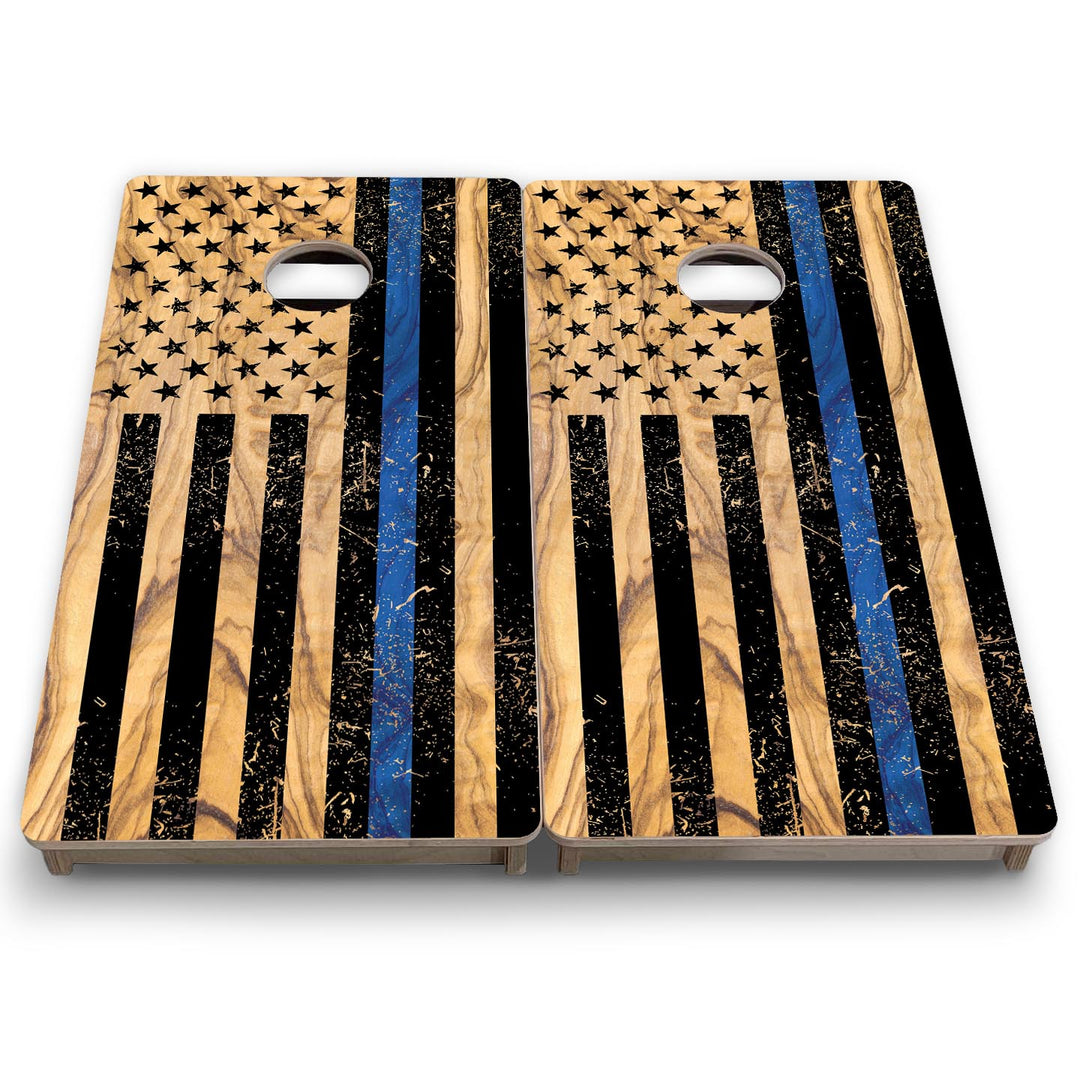Light Wood Blue Line Flag - Mini or Vacation Size Cornhole Boards