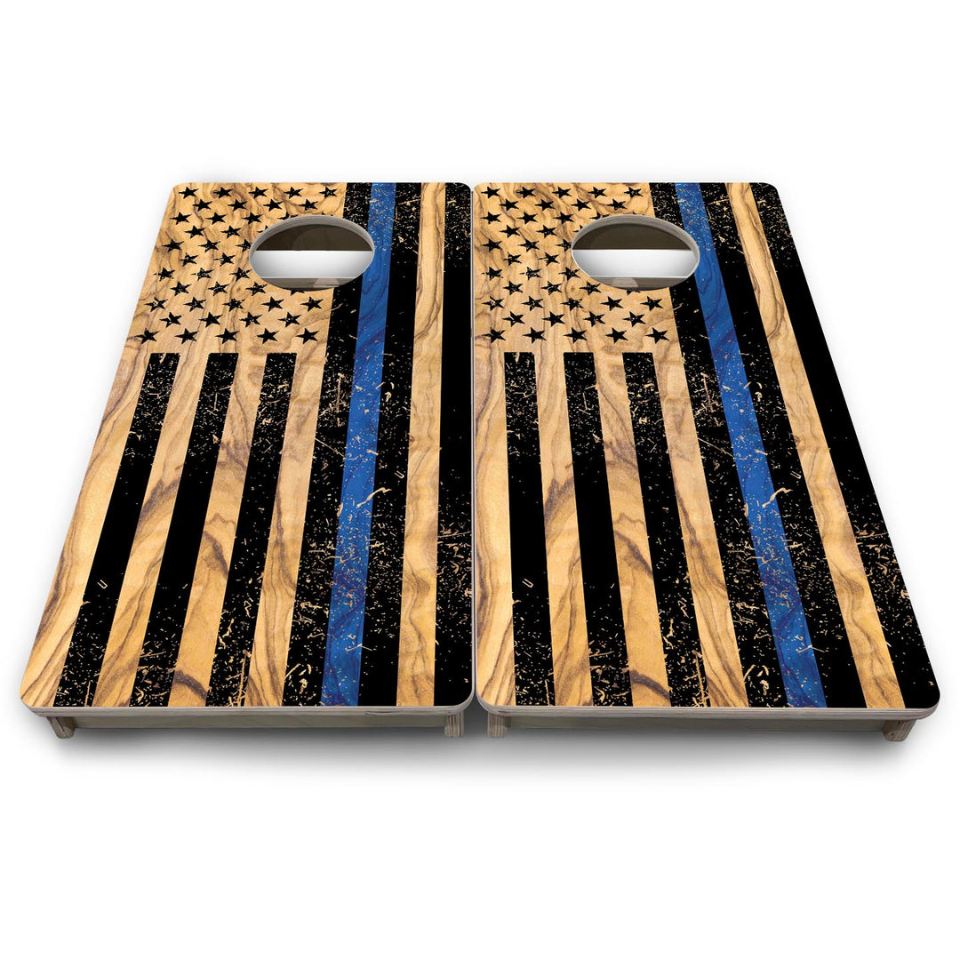 Light Wood Blue Line Flag - Mini or Vacation Size Cornhole Boards